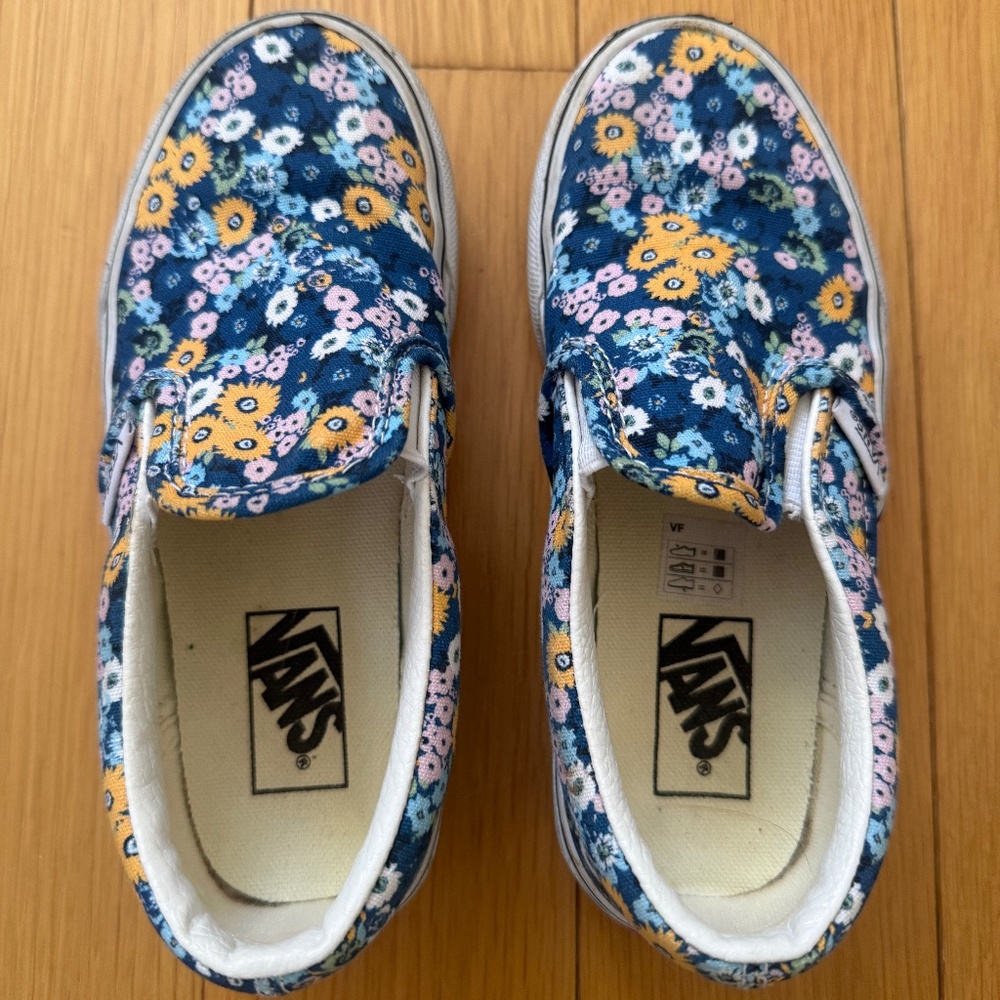 Vans Kids Floral Slip-On Sneakers in Navy, Yellow, Pink, White